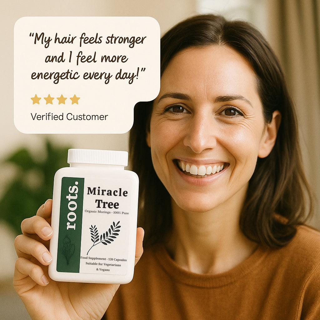 Smiling woman in her 30s holding a Miracle Tree Moringa bottle, with a five-star customer review overlay stating, “My hair feels stronger and I feel more energetic every day!” and a “Verified Customer” badge, representing real user satisfaction.