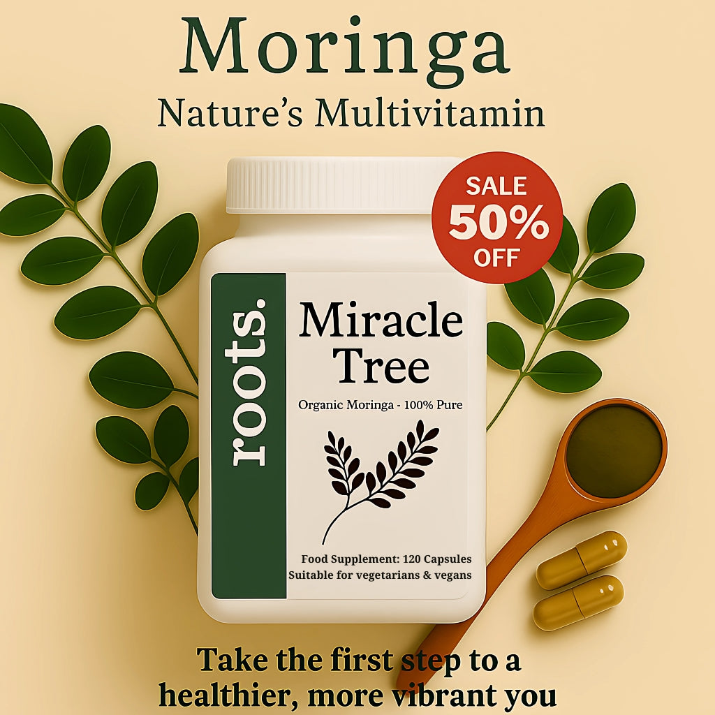 Miracle Tree Moringa supplement bottle with a “Sale 50% OFF” sticker and the text “Take the first step to a healthier, more vibrant you” at the bottom, perfect for highlighting a promotional offer.